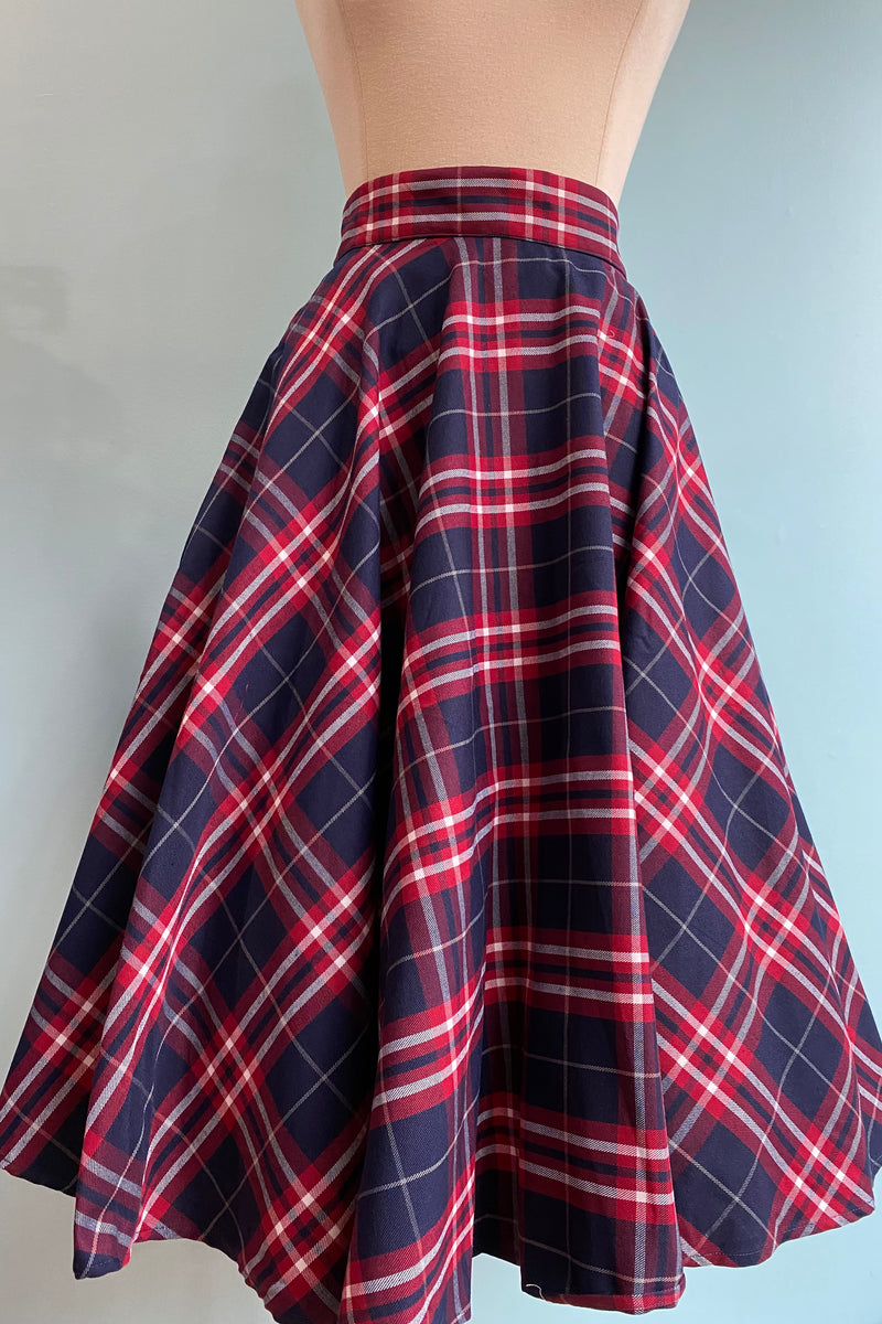 Red and Navy Plaid Circle Skirt by Banned