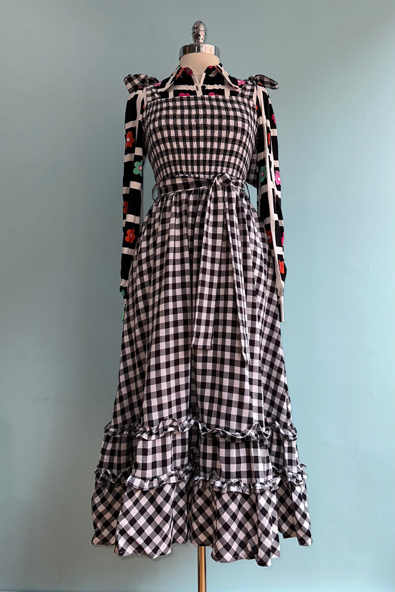 Black & White Gingham Smocked Midi Dress