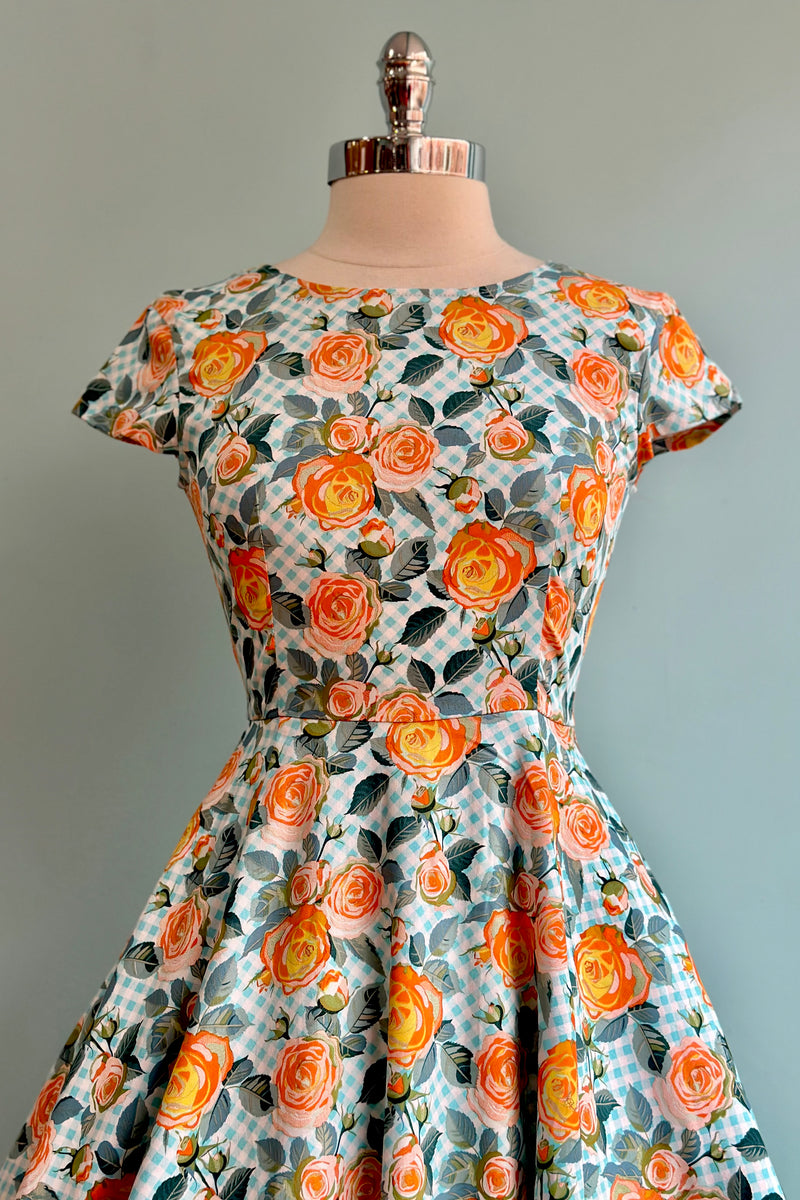 Blue and Orange Floral Gingham Dress by Orchid Bloom