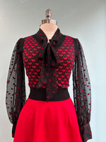 FInal Sale Black Sheer Red Heart Swiss Dot Tie-Neck Blouse