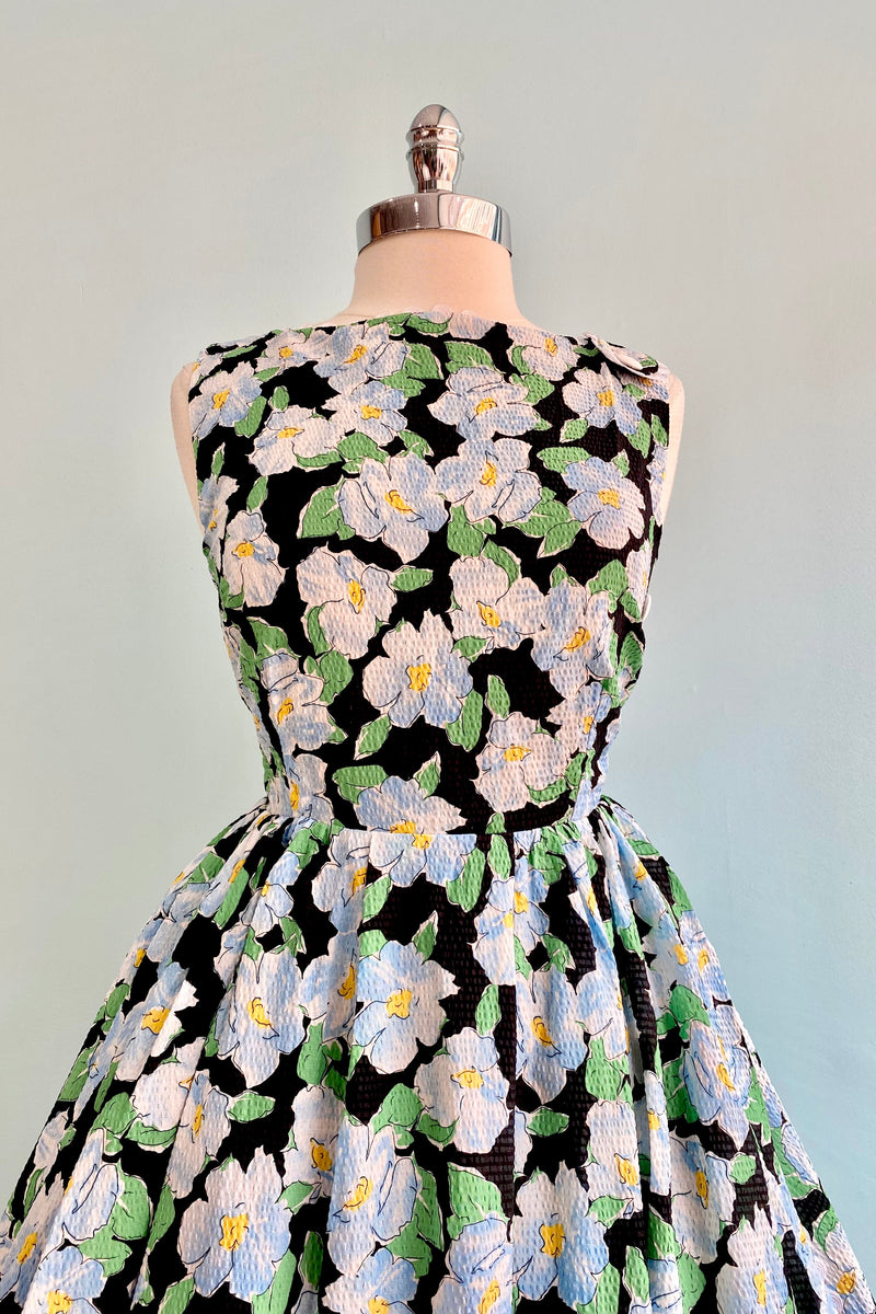 Black and Blue Floral Seersucker Dress