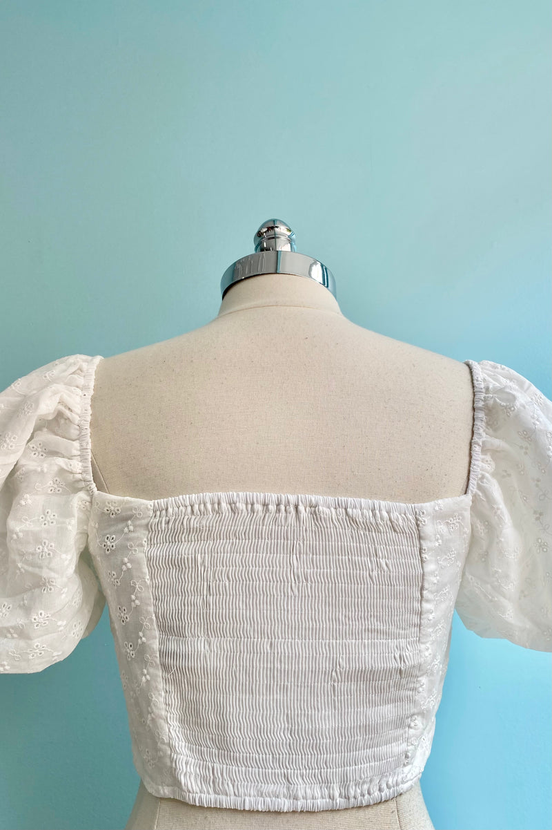 White Eyelet Bubble Sleeve Crop Top