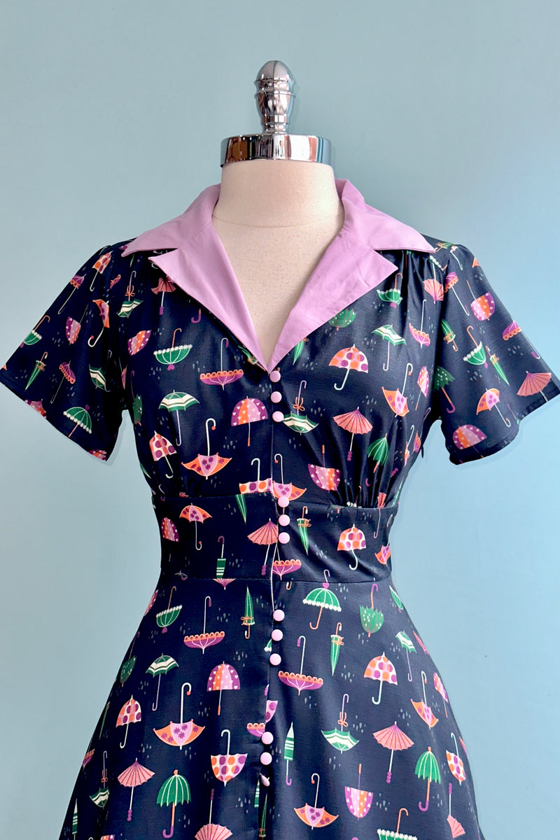 Navy Umbrella Print Short Sleeve Dress