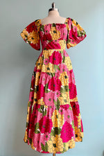 Dahlia Floral Puff Sleeve Midi Dress in Fuchsia