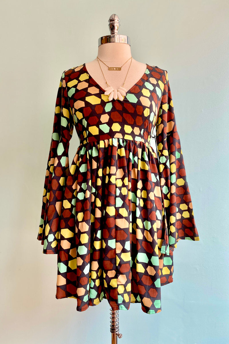 Final Sale Brown Geometric Print 60's Babydoll Dress