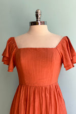 Rust Square Neck Ruffle Maxi Dress
