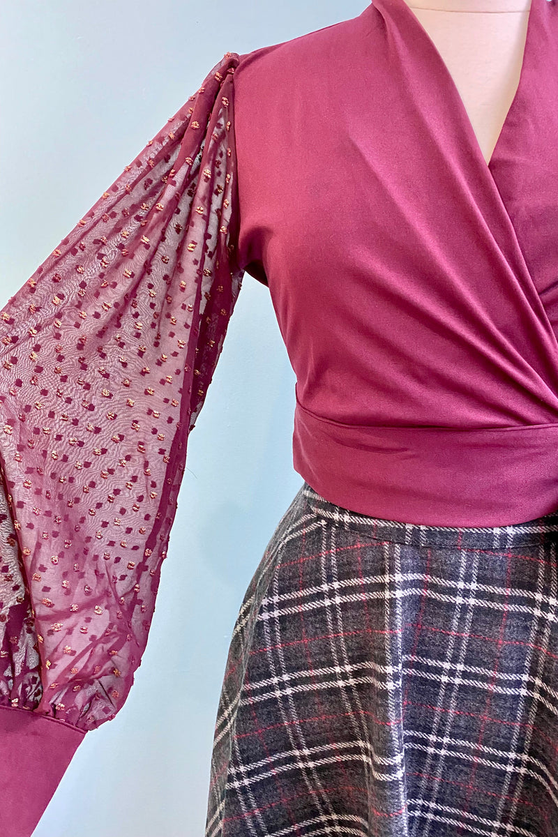 Final Sale Burgundy and Gold Pin Dot Wrap Top