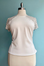 Final Sale White Top with Mesh Polka-Dot Flutter Sleeves