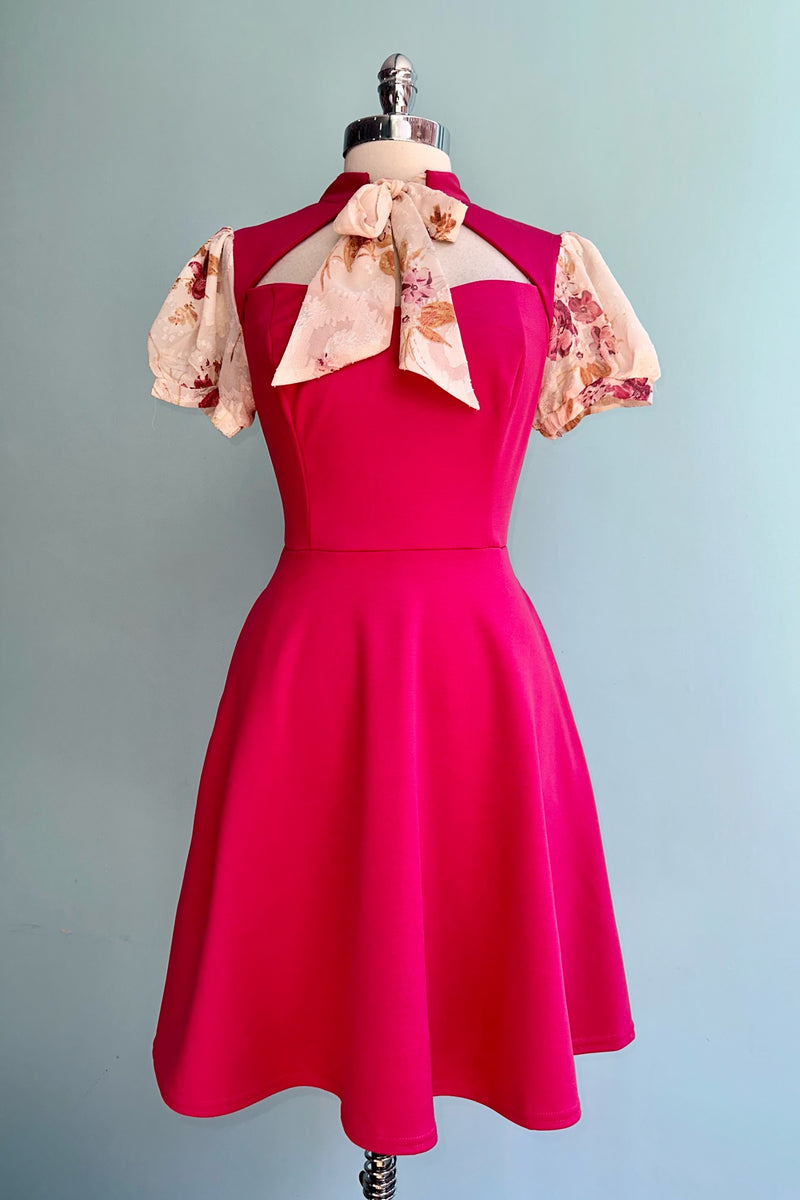 Raspberry Pink Tie Neck Short Sleeve Dress