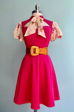 Raspberry Pink Tie Neck Short Sleeve Dress