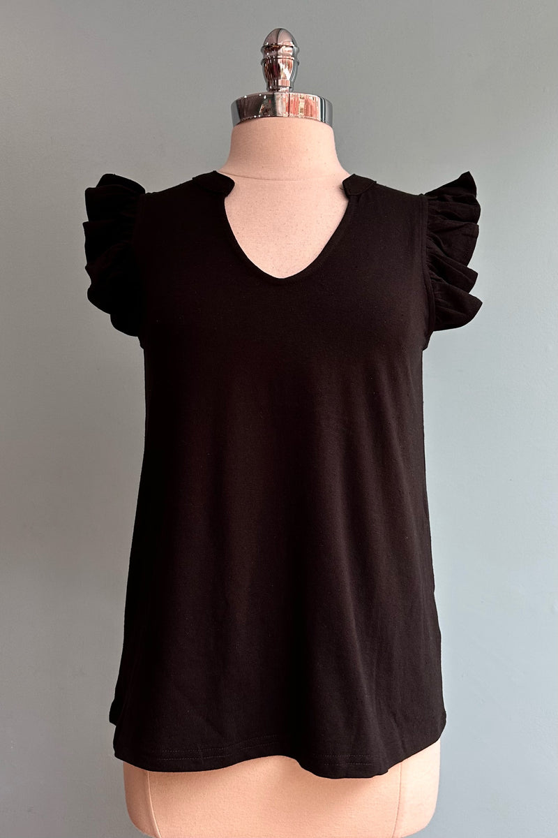 Black Ruffle Shoulder Basic T-Shirt