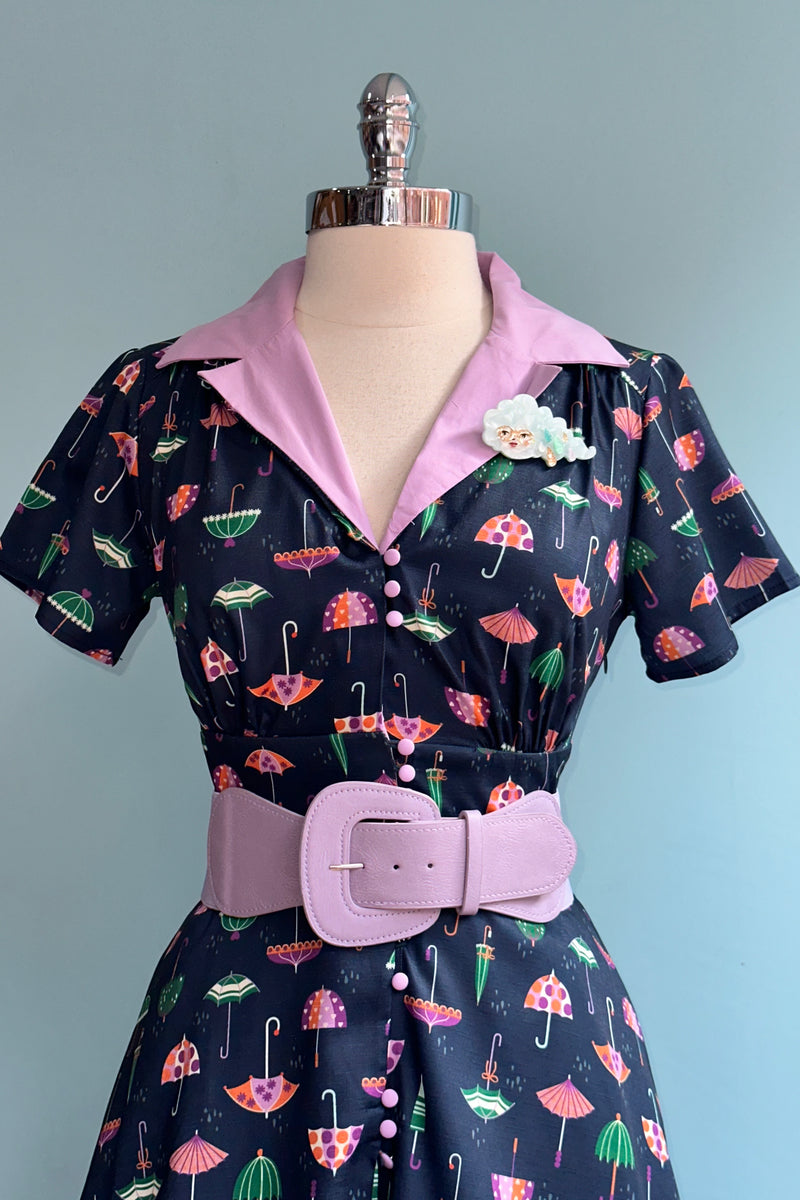 Navy Umbrella Print Short Sleeve Dress