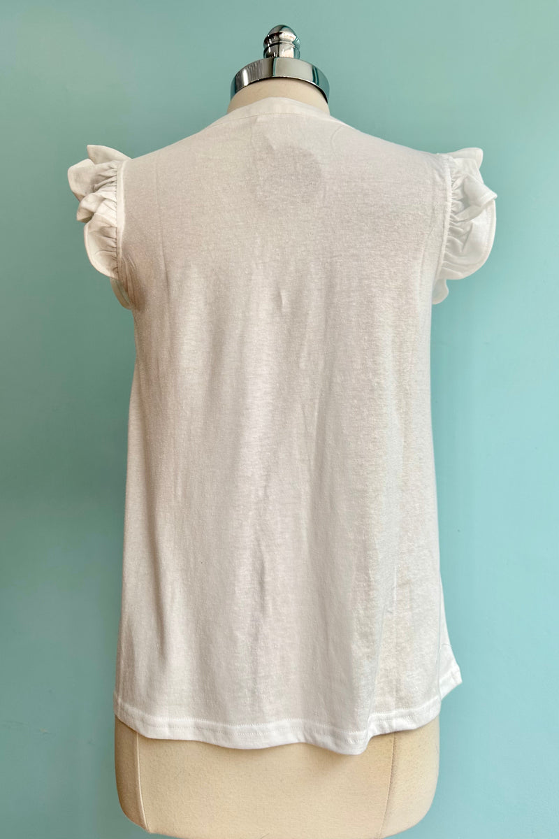 Ivory Ruffle Shoulder Basic T-Shirt