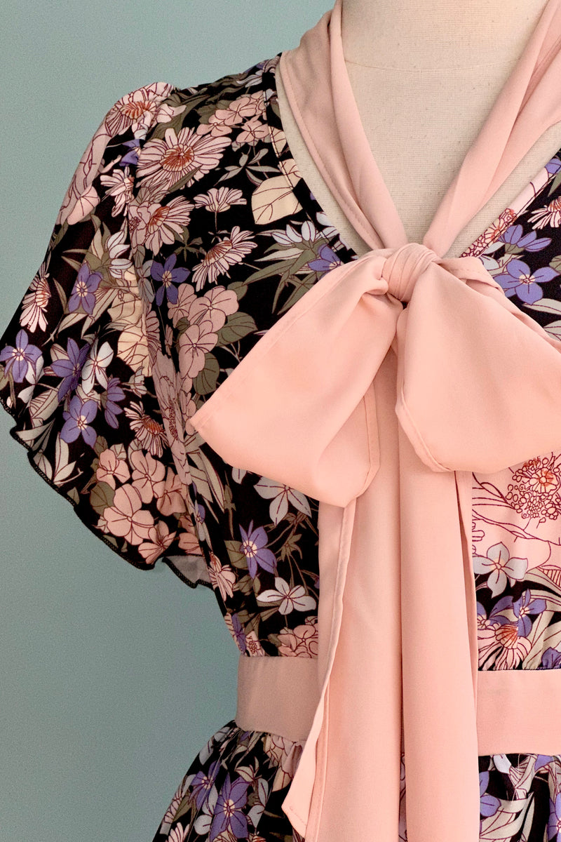 Black and Pink Floral Bow Neck Dress