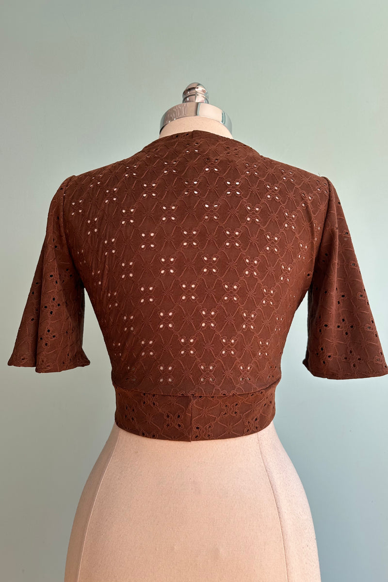 Coco Brown Eyelet Flutter Sweet Sweater by Heart of Haute