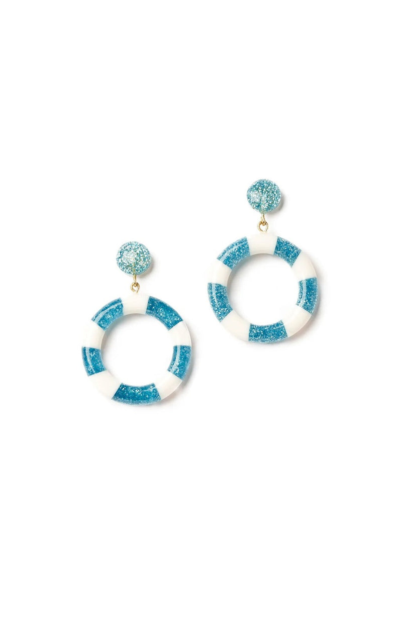 White and Turquoise Candy Striped Hoop Earrings by Splendette
