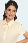 Ivory Short Sleeve Tie-neck Button Down Top by Voodoo Vixen