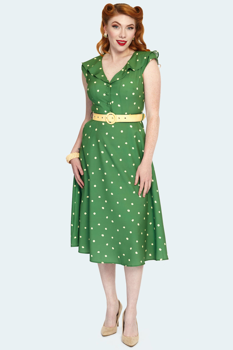 Green Dotted Ruffle Neck Dress by Voodoo Vixen